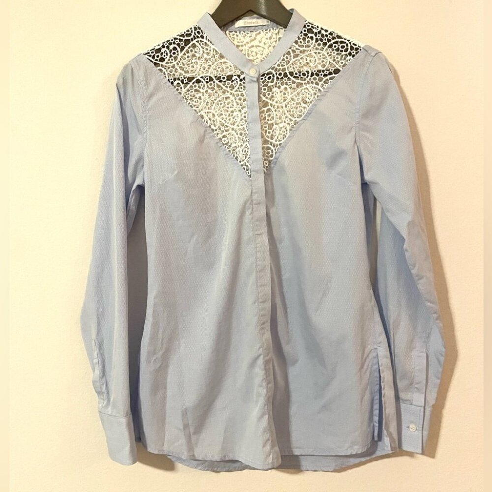 Exetera Button Down Top with lace detail. - blue and white - size 38